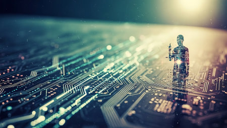 Silhouette of a man standing on the electronic circuit board backgroundの素材