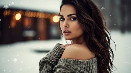 Beautiful young brunette woman with long curly hair in a gray sweater on the background of a winter city.の素材