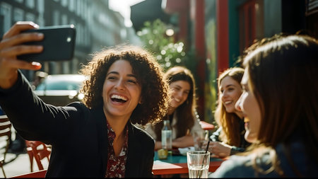 Group of young women taking a selfie in a cafe. They are laughing and talking.の素材