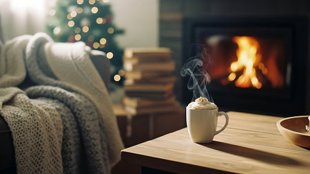 A cup of hot chocolate with marshmallow on the background of a cozy living room with a fireplace.の素材