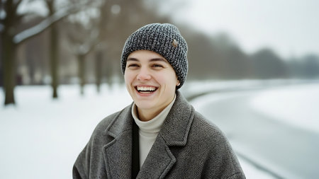 Portrait of a smiling young woman in a gray coat and a knitted hat on a background of a winter parkの素材