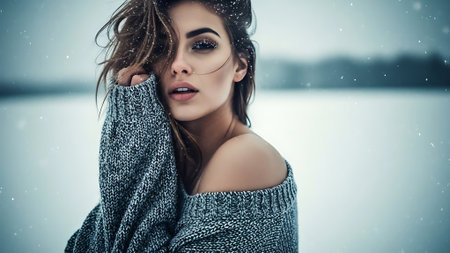 Winter portrait of beautiful young woman with long curly hair wearing warm knitted sweater.の素材