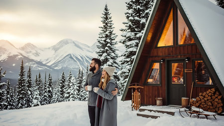 Couple standing in front of chalet against snowy mountain landscapeの素材