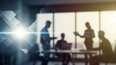 Silhouettes of business people working together in office. Mixed mediaの素材