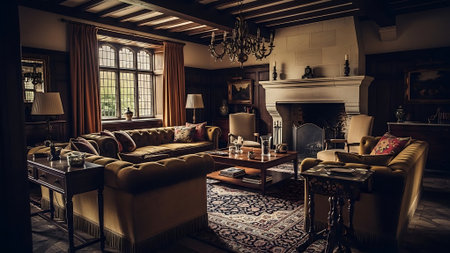 Luxury living room with fireplace and armchairs. Vintage style.の素材