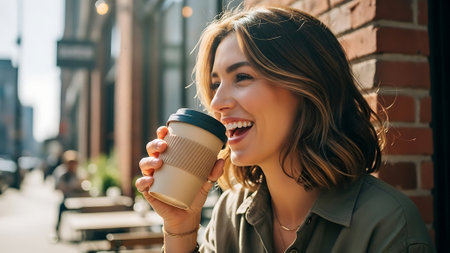 beautiful smiling young woman holding paper cup of coffee and looking awayの素材