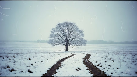 Beautiful winter landscape with lonely tree and road, retro tonedの素材