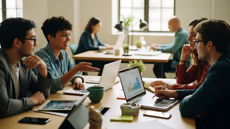 Group of business people working together in modern office. Diverse group of people sitting at table and communicating. Teamwork conceptの素材