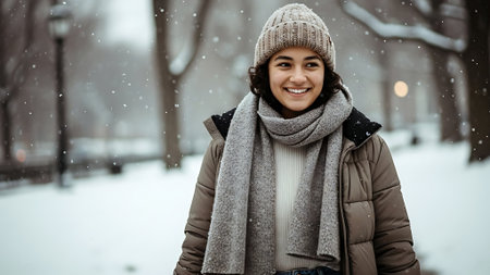 Winter portrait of young beautiful woman in warm clothes on a background of snowfall.の素材