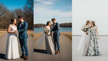 collage of bride and groom in wedding dress and bridesmaids in parkの素材