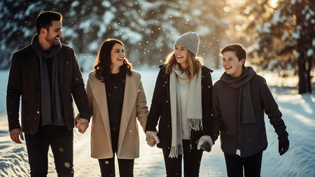 Group of friends walking in winter forest, having fun and laughing.の素材