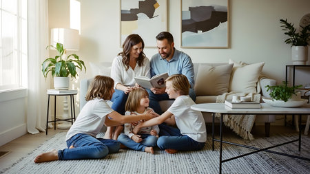 Happy family of four sitting on the floor and reading a book together at homeの素材