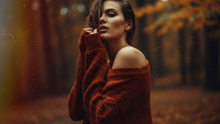 Fashion shot of a beautiful young woman in the autumn forest.の素材