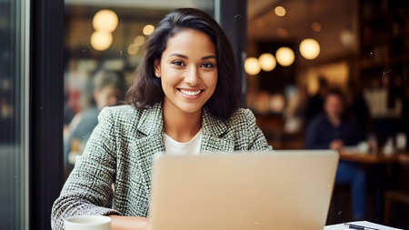 Portrait of young businesswoman using laptop in cafe. Smiling woman using laptop at cafe.の素材