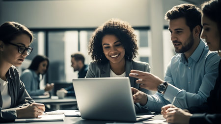Group of young business people working and communicating together in the office.の素材