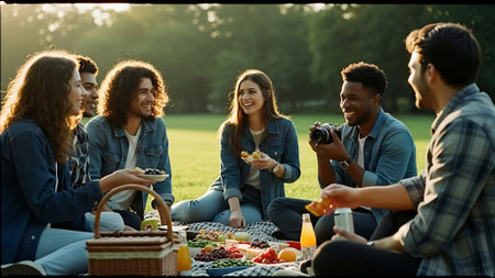 Group of young people having picnic in park. Selective focus.の素材