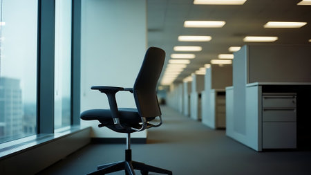 Office chair in the corridor with panoramic windows and city viewの素材