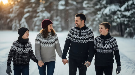 Happy family walking in winter forest. Father, mother and children having fun outdoors.の素材