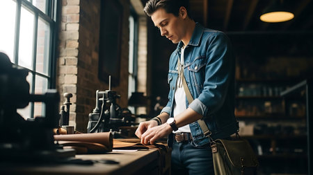 Handsome young man working in leather workshop and looking at watchの素材