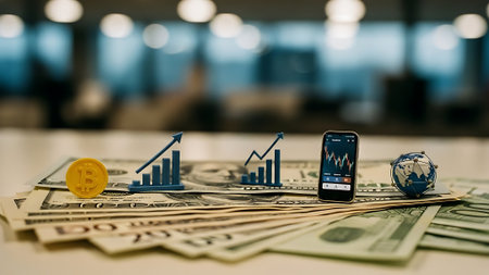Bitcoin, smartphone and dollar banknotes on the table in the officeの素材