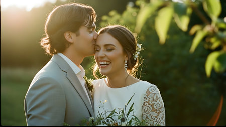 Beautiful bride and groom on their wedding day. Bride and groom on their wedding dayの素材