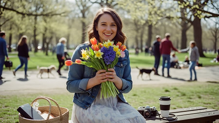 Beautiful young woman with a bouquet of tulips in the parkの素材