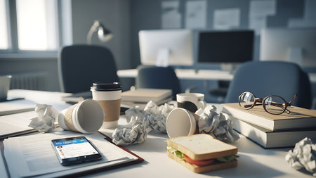 Messy office desk with mobile phone, supplies and coffee cup. 3D Renderingの素材