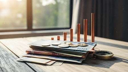Business and finance concept. Money and coins on a wooden table.の素材
