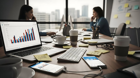 Business people working on laptop in modern office, while sitting at the desk.の素材