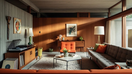 Interior of modern living room with orange sofa, coffee table and armchairの素材