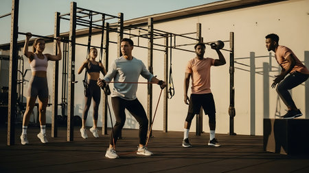 Group of young sporty people exercising with barbells in gymの素材