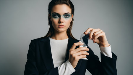 beautiful young woman in black suit and blue make-up holding paper knife isolated on greyの素材
