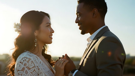 Beautiful bride and groom on the background of the setting sun.の素材