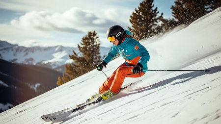 Freeride skier skiing downhill in high mountains on sunny dayの素材