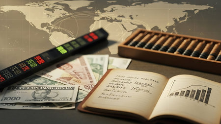 Business and finance concept.Abacus,notebook and money on tableの素材