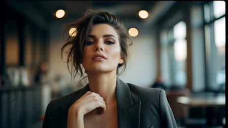 Fashion portrait of young beautiful brunette woman in black jacket.の素材