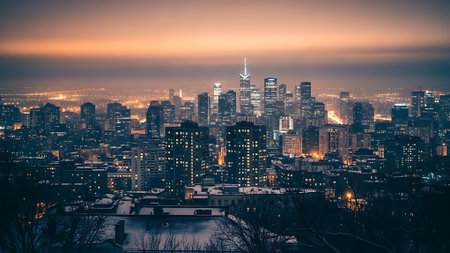 New York City skyline at dusk with urban skyscrapers and buildings.の素材