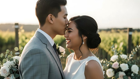 beautiful asian bride and handsome groom kissing and hugging in vineyardの素材