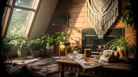Interior of a wooden house with a cup of coffee on the tableの素材