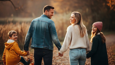 Happy family walking in autumn park. Mother, father and their children.の素材