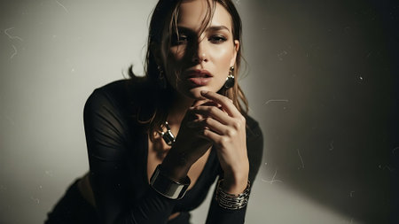 Portrait of a young beautiful woman in black dress. Studio shot.の素材