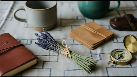 Lavender bouquet, compass and notebook on the table.の素材