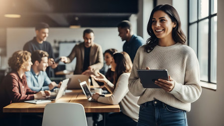 Beautiful young businesswoman is using a digital tablet and smiling while her colleagues are working in the backgroundの素材