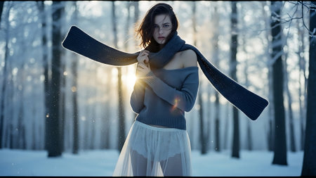 Beautiful young woman in a winter forest at sunset. Winter fashion.の素材