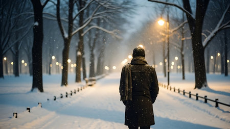 Woman walking in winter park at night with lanterns and snowfall.の素材