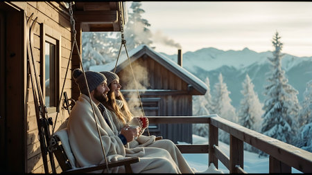 Young couple sitting on the porch of a mountain house and drinking hot coffeeの素材