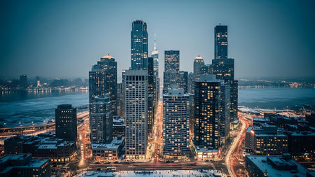 Aerial view of Chicago downtown skyline at dusk, Illinois, USA.の素材
