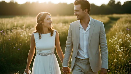 Beautiful young bride and groom walking in the field at sunset.の素材