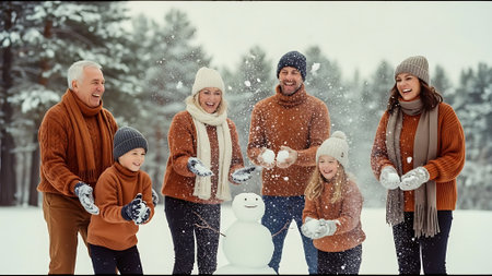 family, holidays, generation, christmas and people concept - happy family making snowman in winter parkの素材