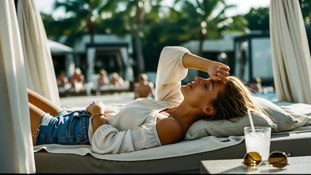 side view of beautiful young woman lying on sun lounger and looking awayの素材